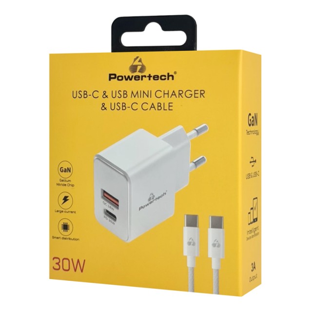 POWERTECH φορτιστής τοίχου PT-1249, καλώδιο, USB/USB-C, 30W, GaN, λευκός