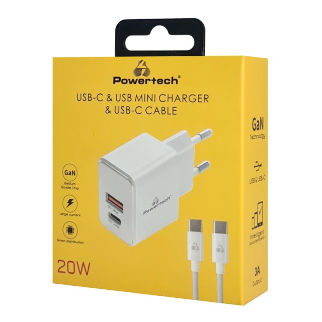 POWERTECH φορτιστής τοίχου PT-1248, καλώδιο, USB/USB-C, 20W, GaN, λευκός