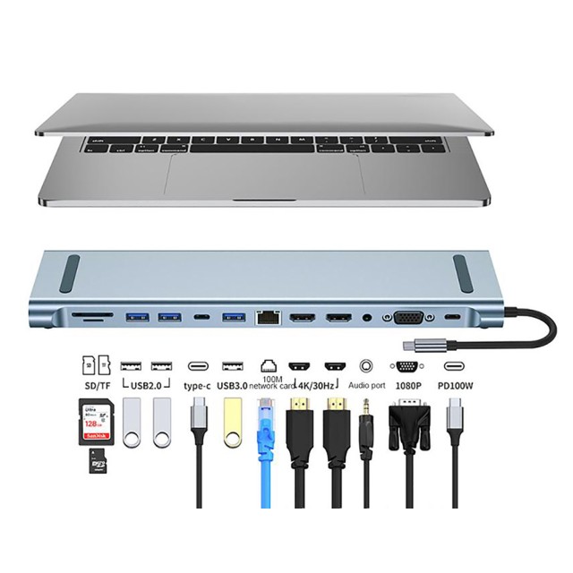 POWERTECH docking station BYL-2003U2, 12 θυρών, βάση laptop, USB-C, γκρι