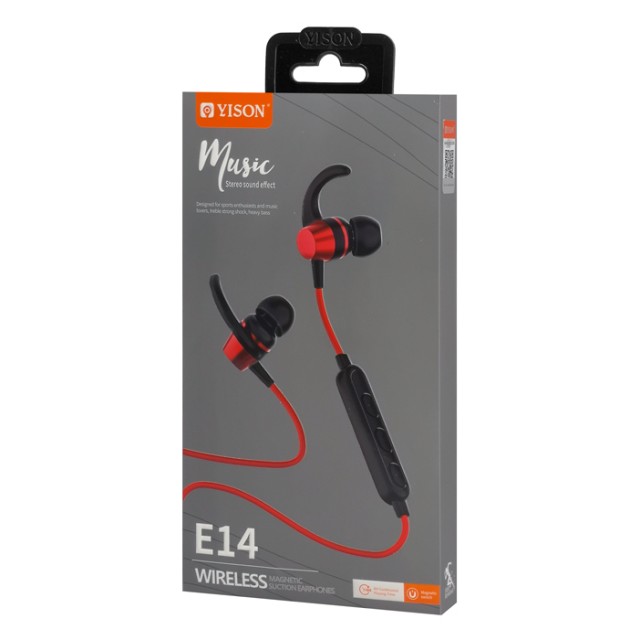 YISON earphones E14 με μαγνήτη, Bluetooth, 10mm, 65mAh, κόκκινα