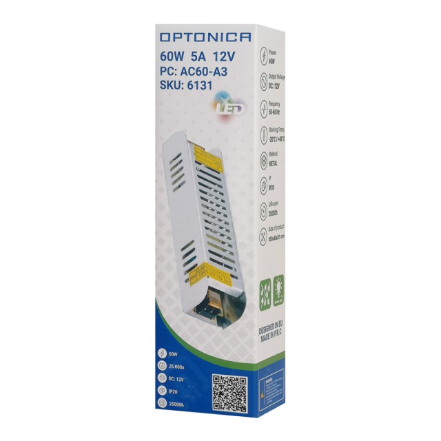 OPTONICA τροφοδοτικό LED καλωδιοταινίας 6131, 60W, 12V/5A