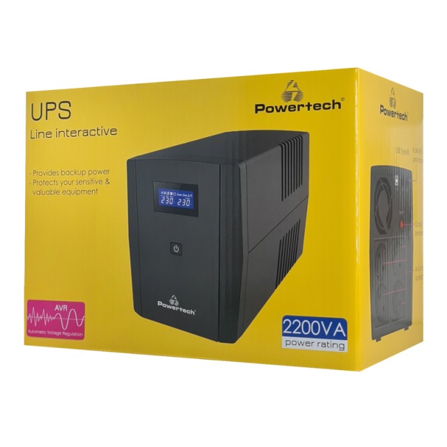 POWERTECH UPS Line Interactive PT-1298 με οθόνη, 2200VA, 1320W, 4x Schuko, 2x RJ45/RJ11, USB Type B