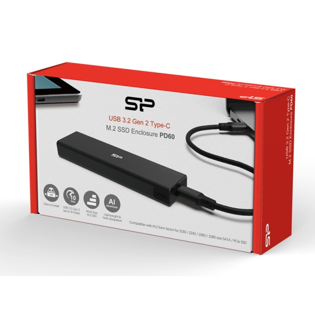 SILICON POWER θήκη για M.2 PCIe NVMe/SATA SSD PD60, tool free, 10Gbps, μαύρη