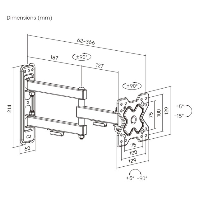 POWERTECH επιτοίχια βάση PT-1279 για τηλεόραση 13-32", full motion, 20kg