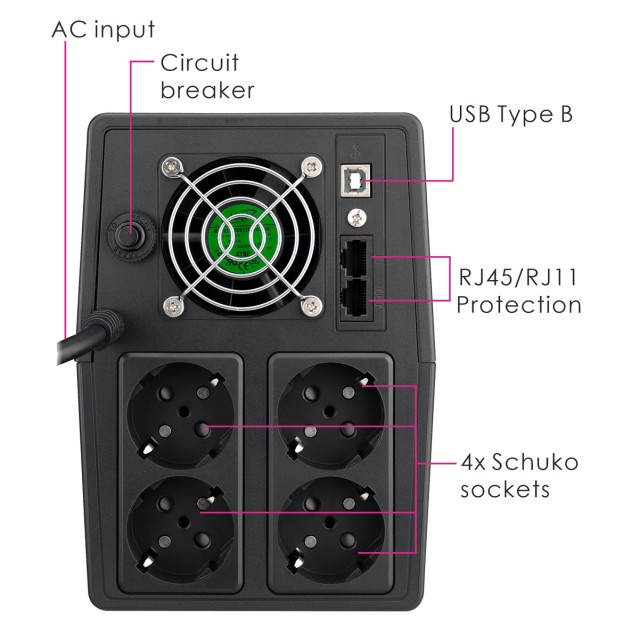 POWERTECH UPS Line Interactive PT-1800LCD με οθόνη, 1800VA, 1080W, 4x Schuko, 2x RJ45/RJ11, USB Type B