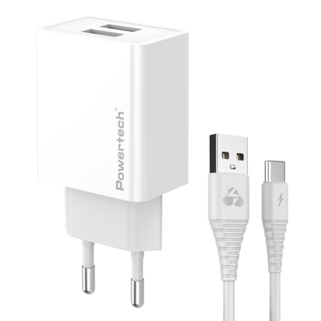 POWERTECH φορτιστής τοίχου PT-1324 με καλώδιο USB-C, 2x USB, 12W, λευκός