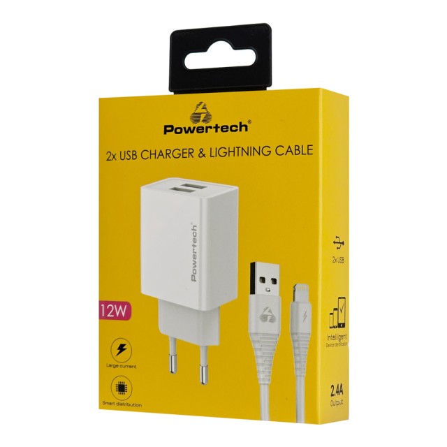 POWERTECH φορτιστής τοίχου PT-1325 με καλώδιο Lightning, 2x USB, 12W, λευκός