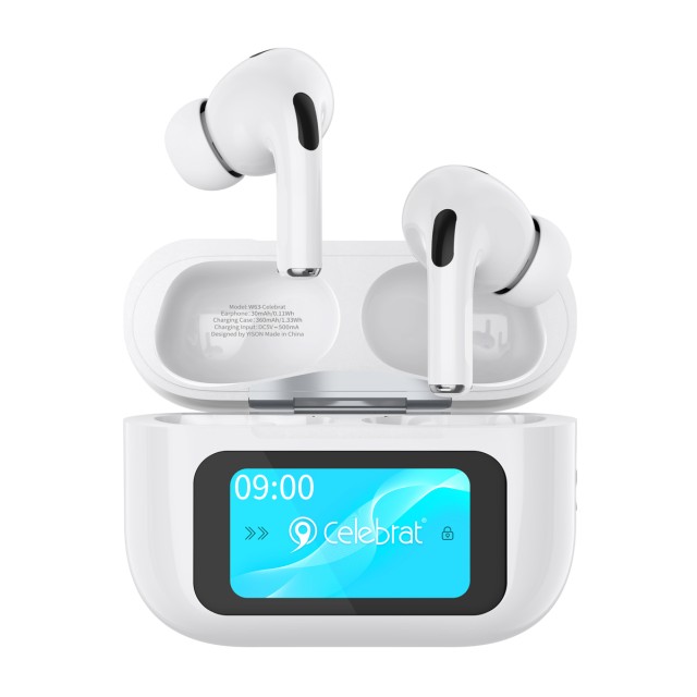 CELEBRAT earphones με θήκη φόρτισης W63, οθόνη αφής, TWS, ANC, 13mm, 30/360mAh, λευκό CELEBRAT earphones με θήκη φόρτισης W63, οθόνη αφής, TWS, ANC, 13mm, 30/360mAh, λευκό