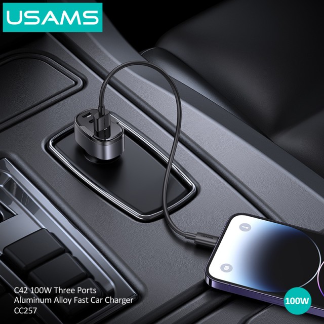 USAMS φορτιστής αυτοκινήτου US-CC257, USB/USB-C/Lightning, 100W, γκρι