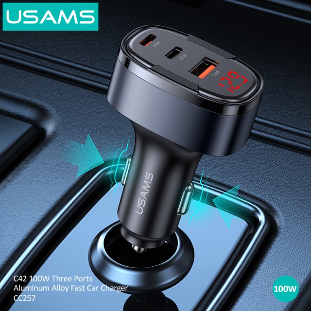 USAMS φορτιστής αυτοκινήτου US-CC257, USB/USB-C/Lightning, 100W, γκρι