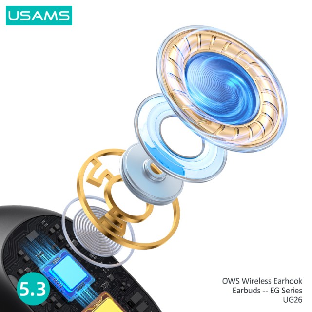 USAMS earphones με θήκη φόρτισης UG26, OWS, Φ14.2mm, 50/300mAh, μαύρα