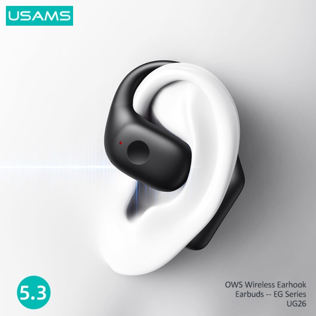 USAMS earphones με θήκη φόρτισης UG26, OWS, Φ14.2mm, 50/300mAh, μαύρα