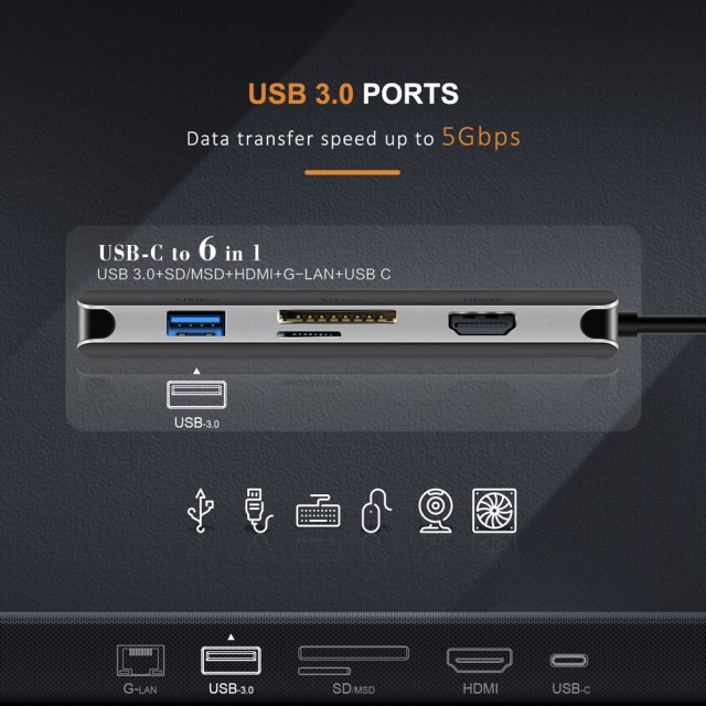 CABLETIME docking station CT-CMHD61L, 6 θυρών, USB-C σύνδεση, 4K, 100W, γκρι