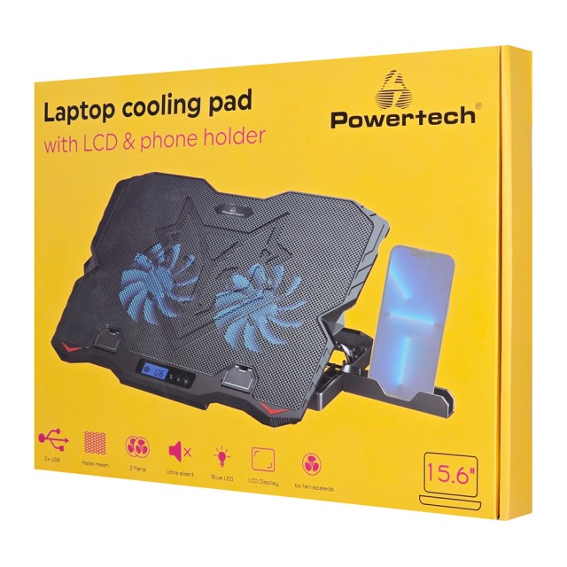 POWERTECH βάση & ψύξη laptop PT-1346, έως 15.6", 2x 125mm LED fan, μαύρη