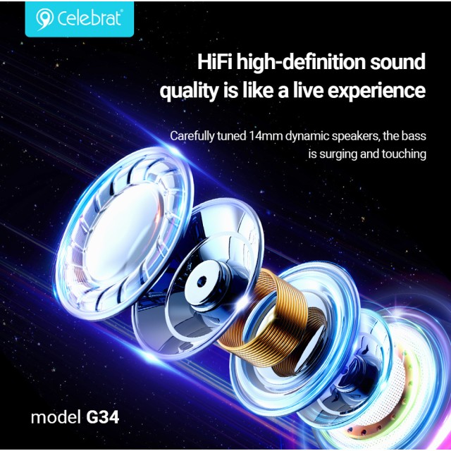 CELEBRAT earphones με μικρόφωνο G34, 3.5mm σύνδεση, 14mm, 1.2m, μαύρα