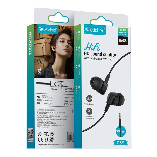 CELEBRAT earphones με μικρόφωνο G35, 3.5mm σύνδεση, 10mm, 1.2m, μαύρα