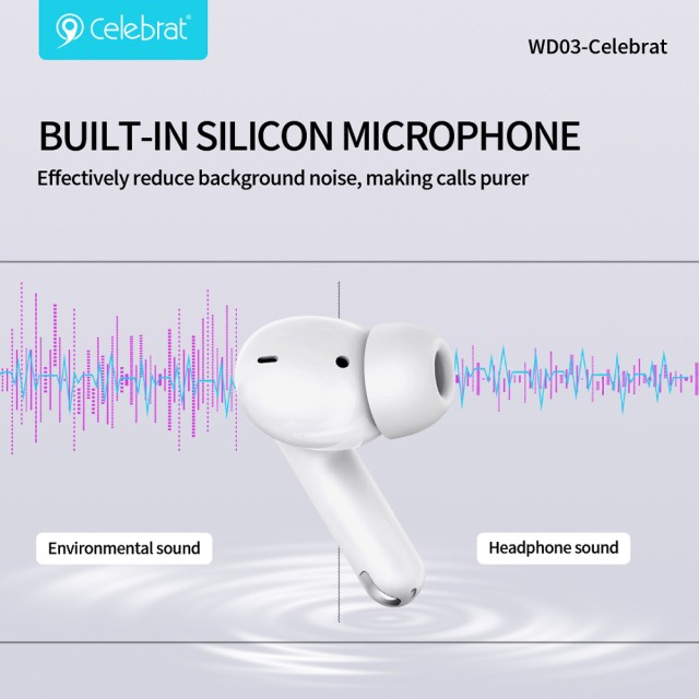 CELEBRAT earphones με θήκη φόρτισης WD03, True Wireless, 13mm, 30/300mAh, λευκά CELEBRAT earphones με θήκη φόρτισης WD03, True Wireless, 13mm, 30/300mAh, λευκά