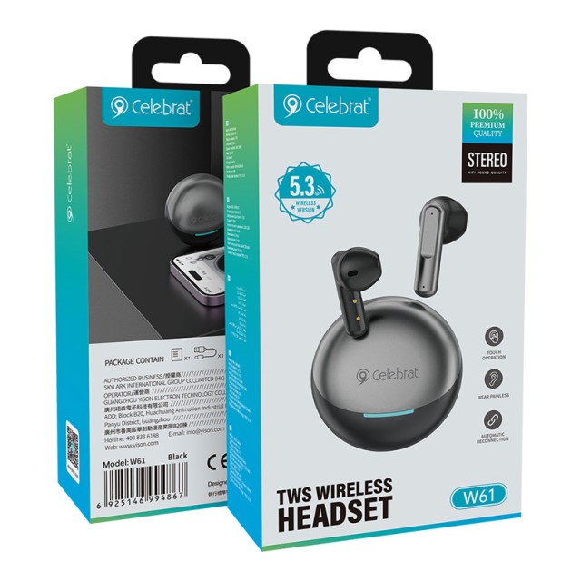 CELEBRAT earphones με θήκη φόρτισης W61, True Wireless, 13mm, 25/200mAh, μαύρα CELEBRAT earphones με θήκη φόρτισης W61, True Wireless, 13mm, 25/200mAh, μαύρα