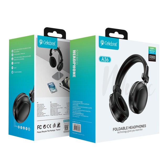CELEBRAT headphones A36, ασύρματα & ενσύρματα, micro SD, 40mm, 250mAh, μαύρα CELEBRAT headphones A36, ασύρματα & ενσύρματα, micro SD, 40mm, 250mAh, μαύρα