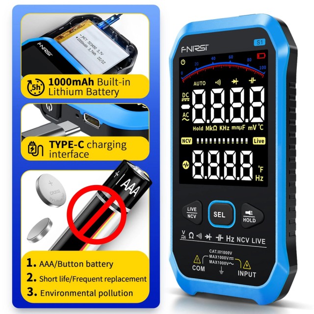 FNIRSI ψηφιακό πολύμετρο S1, 1000V AC/DC, NCV, RMS, επαναφορτιζόμενο FNIRSI ψηφιακό πολύμετρο S1, 1000V AC/DC, NCV, RMS, επαναφορτιζόμενο