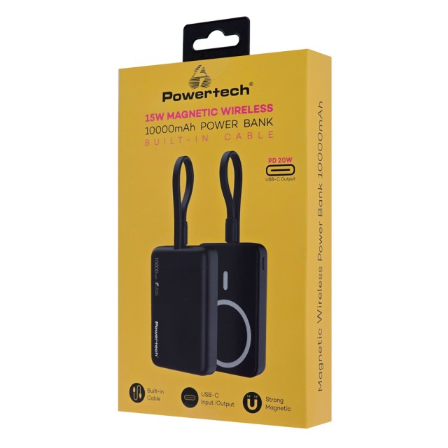 POWERTECH power bank PT-1376 με καλώδιο, 10000mah, magnetic wireless, 20W, μαύρο POWERTECH power bank PT-1376 με καλώδιο, 10000mah, magnetic wireless, 20W, μαύρο
