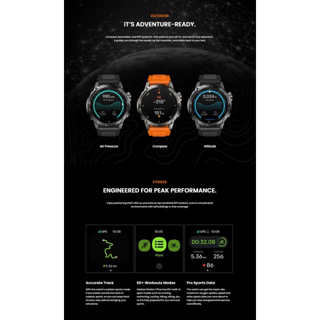 ZEBLAZE smartwatch Stratos 2 Plus, heart rate, 1.43" AMOLED, GPS, μαύρο