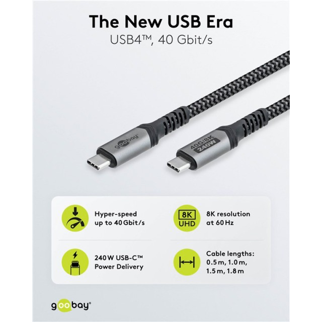 GOOBAY καλώδιο USB-C 74210, USB4, 240W, 40Gbps, 8K/60Hz, 0.50m, γκρι GOOBAY καλώδιο USB-C 74210, USB4, 240W, 40Gbps, 8K/60Hz, 0.50m, γκρι