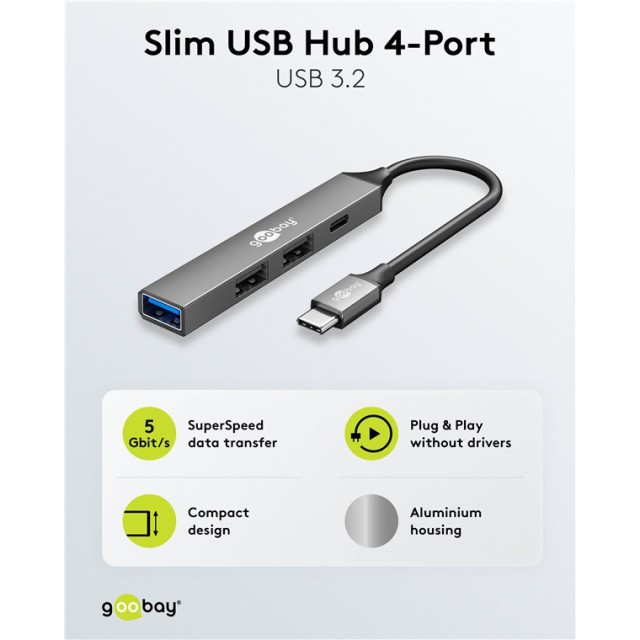 GOOBAY USB hub 74459, 4x θυρών, USB 3.2, 5Gbps, USB-C σύνδεση, γκρι