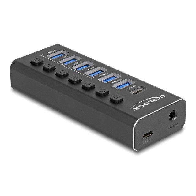DELOCK USB hub 64326 με διακόπτες, 7x θυρών, 10Gbps, USB/USB-C σύνδεση, μαύρο DELOCK USB hub 64326 με διακόπτες, 7x θυρών, 10Gbps, USB/USB-C σύνδεση, μαύρο