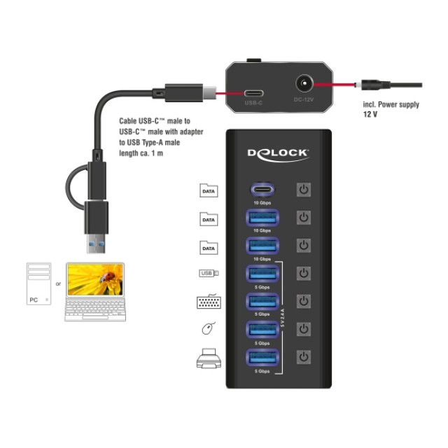 DELOCK USB hub 64326 με διακόπτες, 7x θυρών, 10Gbps, USB/USB-C σύνδεση, μαύρο DELOCK USB hub 64326 με διακόπτες, 7x θυρών, 10Gbps, USB/USB-C σύνδεση, μαύρο