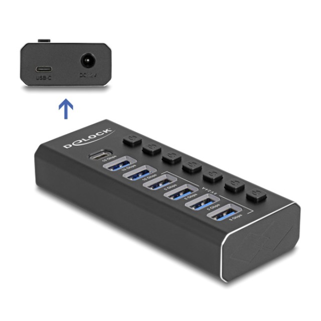 DELOCK USB hub 64326 με διακόπτες, 7x θυρών, 10Gbps, USB/USB-C σύνδεση, μαύρο DELOCK USB hub 64326 με διακόπτες, 7x θυρών, 10Gbps, USB/USB-C σύνδεση, μαύρο