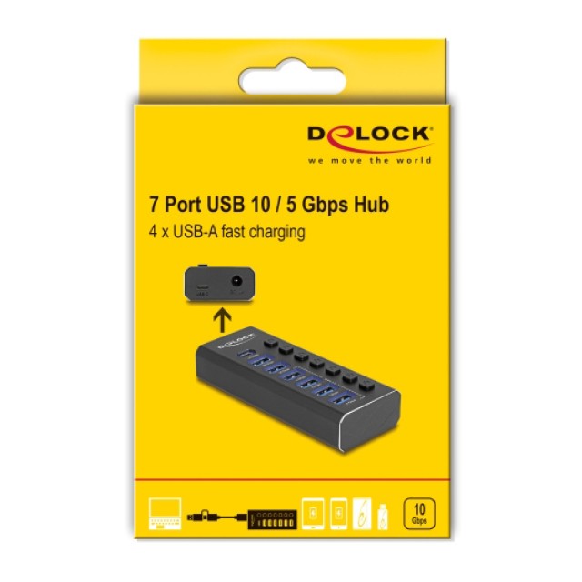 DELOCK USB hub 64326 με διακόπτες, 7x θυρών, 10Gbps, USB/USB-C σύνδεση, μαύρο DELOCK USB hub 64326 με διακόπτες, 7x θυρών, 10Gbps, USB/USB-C σύνδεση, μαύρο