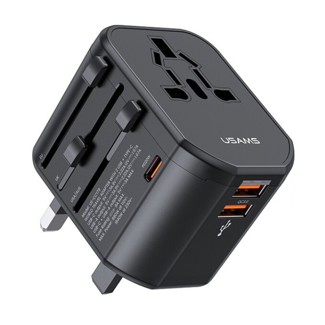 USAMS φορτιστής/αντάπτορας πρίζας US-CC179, USB-C & 2x USB, universal, 20W, μαύρος