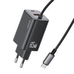 USAMS φορτιστής τοίχου CC266 με καλώδιο, USB & USB-C, 65W, GaN, μαύρος