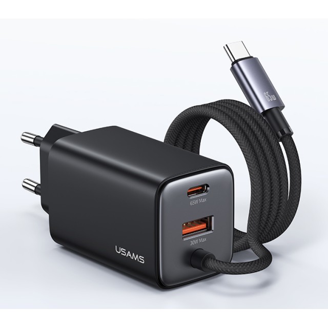 USAMS φορτιστής τοίχου CC266 με καλώδιο, USB & USB-C, 65W, GaN, μαύρος