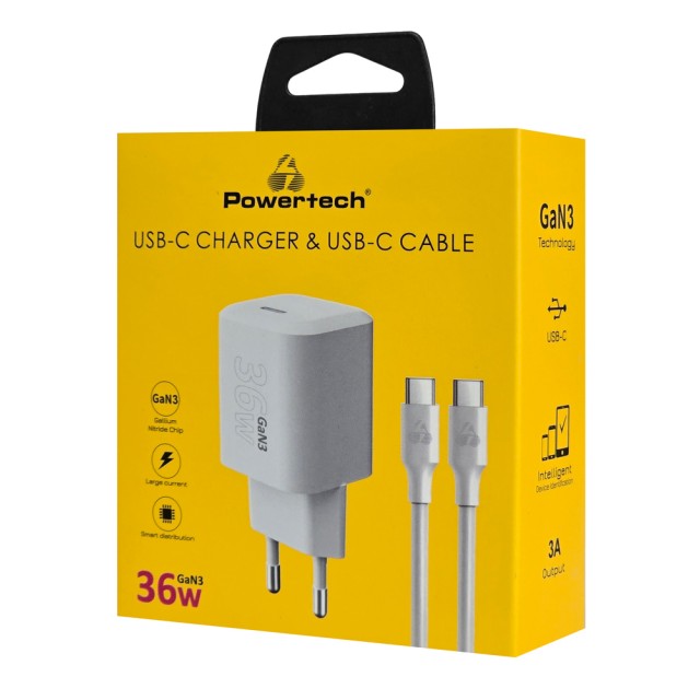POWERTECH φορτιστής τοίχου PT-1350 με καλώδιο, USB-C, 36W, GaN, λευκός POWERTECH φορτιστής τοίχου PT-1350 με καλώδιο, USB-C, 36W, GaN, λευκός