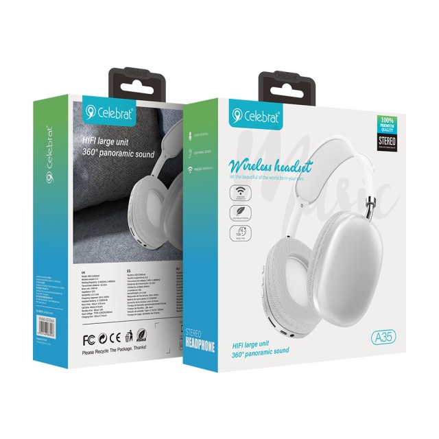CELEBRAT headphones A35, ασύρματα & ενσύρματα, micro SD, 40mm, 200mAh, λευκά CELEBRAT headphones A35, ασύρματα & ενσύρματα, micro SD, 40mm, 200mAh, λευκά