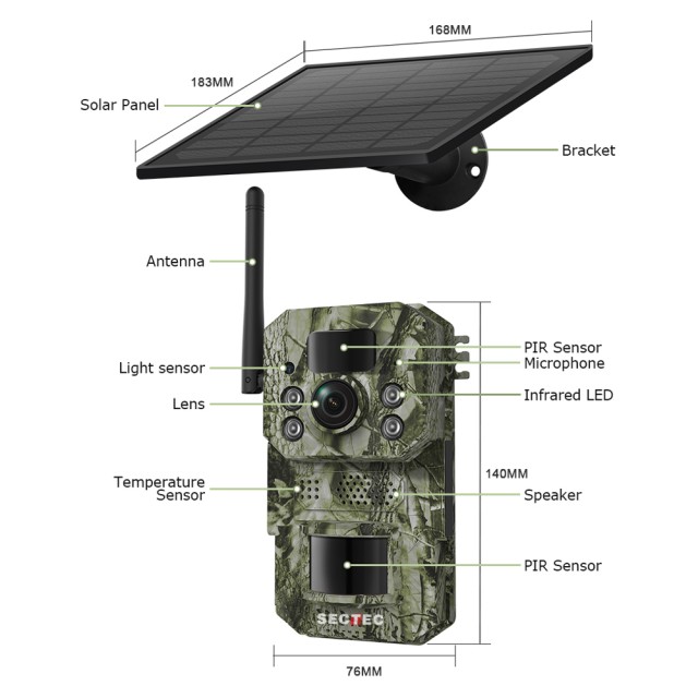 SECTEC smart ηλιακή κάμερα κυνηγού ST-HC809, 3MP, 4G, PIR, SD, IP66