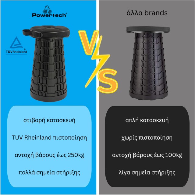 POWERTECH πτυσσόμενο καρεκλάκι HUH-0235 με μαξιλάρι, αντοχή έως 250kg, 25.5x45cm, μαύρο