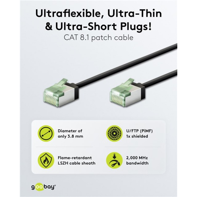 GOOBAY καλώδιο δικτύου 74350, CAT 8.1 U/FTP, slim, copper, 2000MHz, 0.15m, μαύρο GOOBAY καλώδιο δικτύου 74350, CAT 8.1 U/FTP, slim, copper, 2000MHz, 0.15m, μαύρο