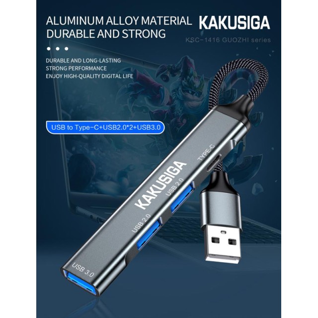 KAKUSIGA USB hub KSC-1416, 4x θυρών, USB 3.0, 5Gbps, USB σύνδεση, γκρι