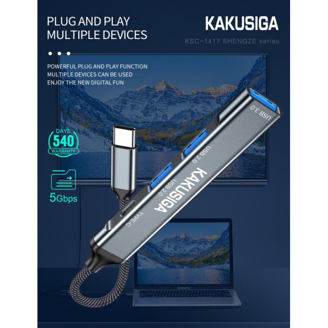 KAKUSIGA USB hub KSC-1417, 4x θυρών, USB 3.0, 5Gbps, USB-C σύνδεση, γκρι