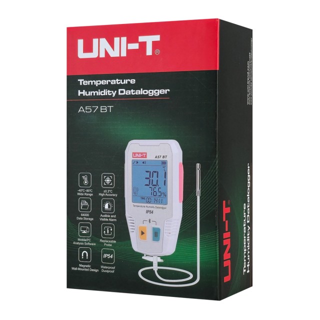 UNI-T ψηφιακό θερμόμετρο & υγρασιόμετρο A57 BT, -40~85 °C, Bluetooth, IP54 UNI-T ψηφιακό θερμόμετρο & υγρασιόμετρο A57 BT, -40~85 °C, Bluetooth, IP54