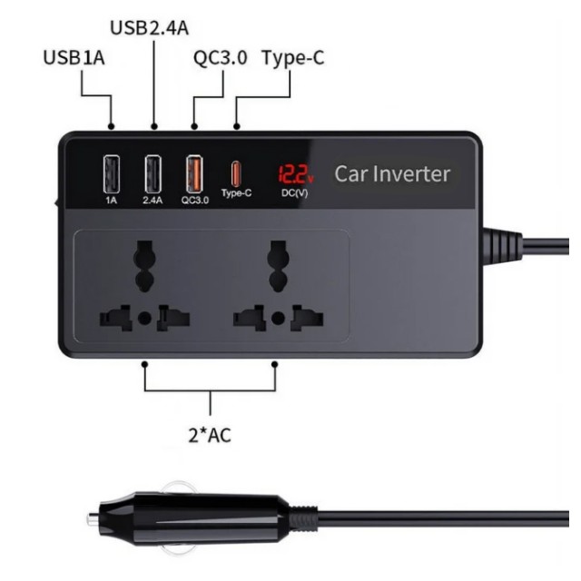 POWERTECH inverter αυτοκινήτου PTL-023, 200W, 12V DC σε 220V AC, με USB-C/3x USB