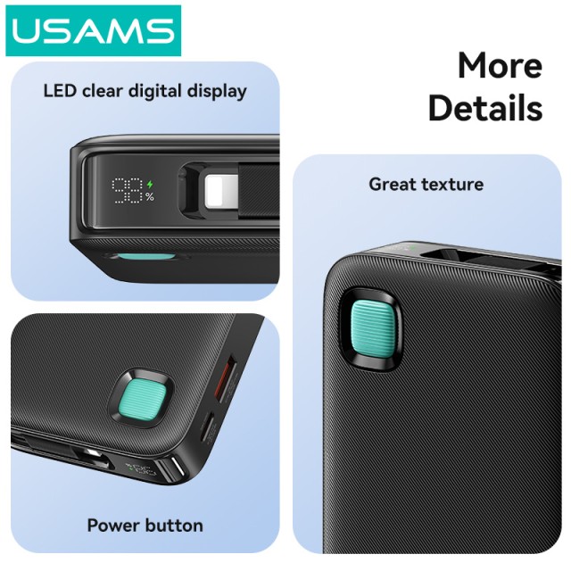 USAMS power bank CD225 με καλώδιο Lightning, 2x θύρες εξόδου, 10000mAh, 20W, μαύρο