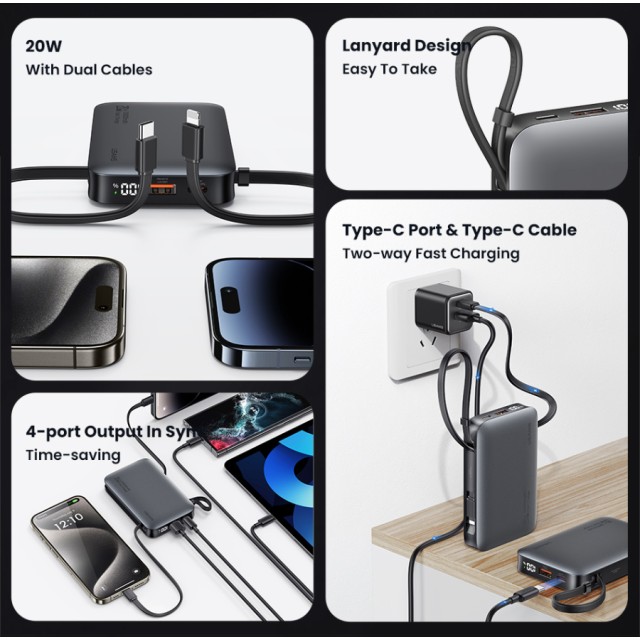USAMS power bank CD228 με 2x καλώδια, 2x θύρες εξόδου, 10000mAh, 20W, γκρι