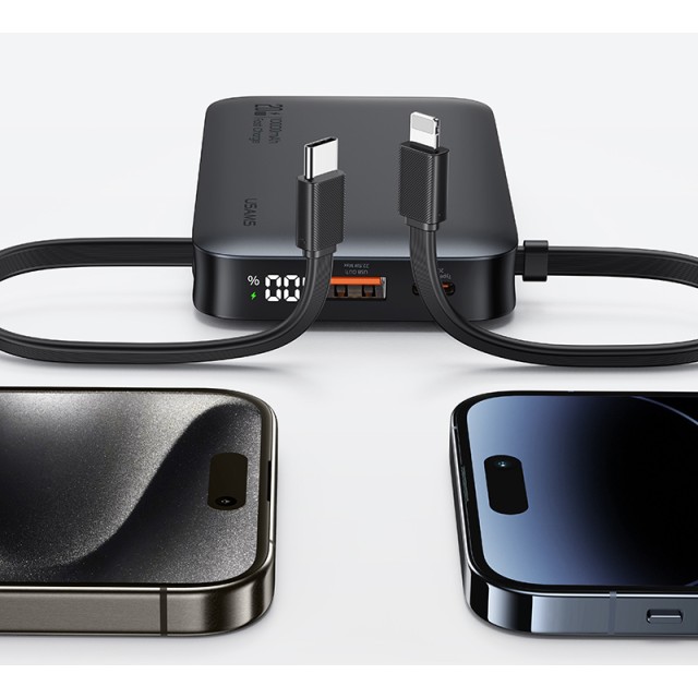 USAMS power bank CD228 με 2x καλώδια, 2x θύρες εξόδου, 10000mAh, 20W, γκρι