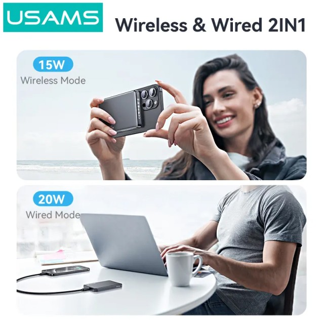 USAMS power bank CD242, magnetic wireless, USB-C έξοδος, 10000mAh, 20W, γκρι