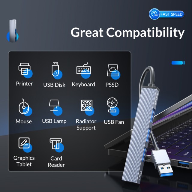 ORICO USB hub AH-A13, 4x θυρών, USB 3.0, 5Gbps, USB σύνδεση, γκρι