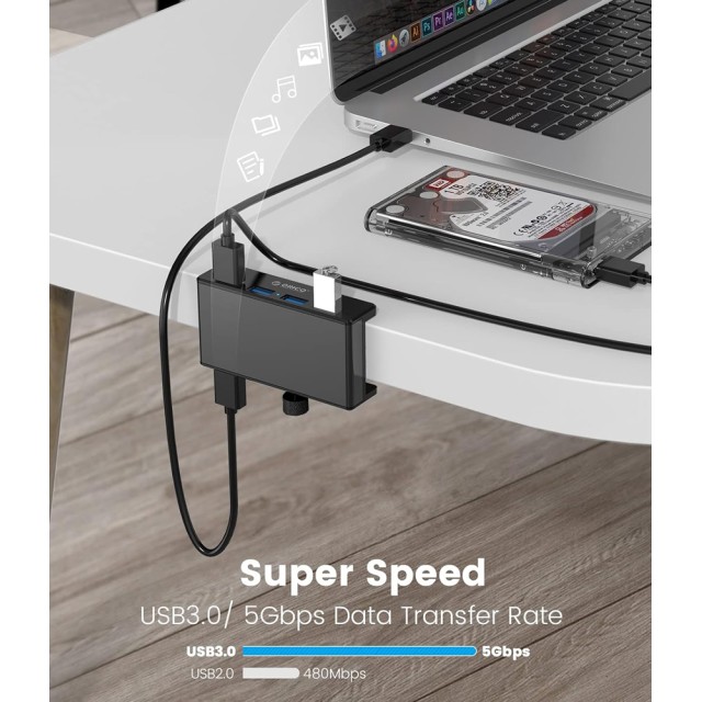 ORICO USB hub MH4PU-P με σφιγκτήρα, 4x θυρών, 5Gbps, USB σύνδεση, μαύρο ORICO USB hub MH4PU-P με σφιγκτήρα, 4x θυρών, 5Gbps, USB σύνδεση, μαύρο